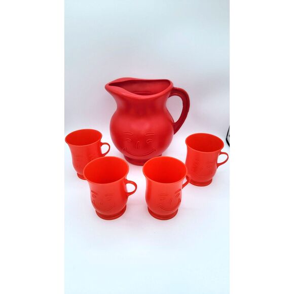 Vintage 80's Kool-Aid Smiling Man Red 2Qt Pitcher w Four Cups - Picture 2 of 4
